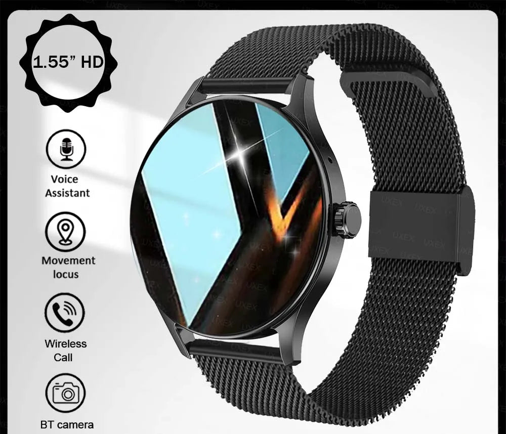 Smartwatch with black mesh band on a white background, featuring icons and text about its features.
