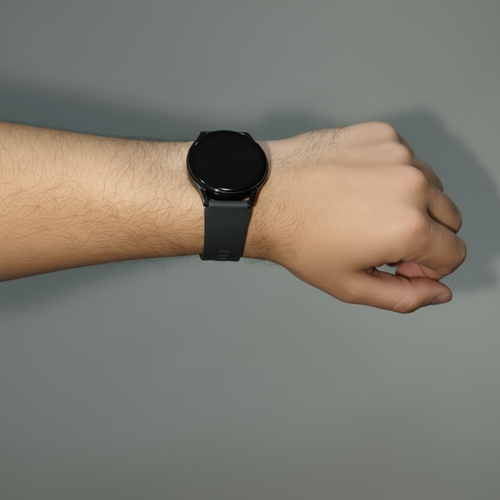Black smartwatch on a wrist with a plain background