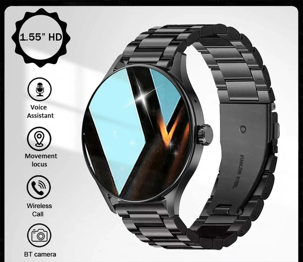 Black smartwatch with metal band on a white background, featuring icons and text about its features.