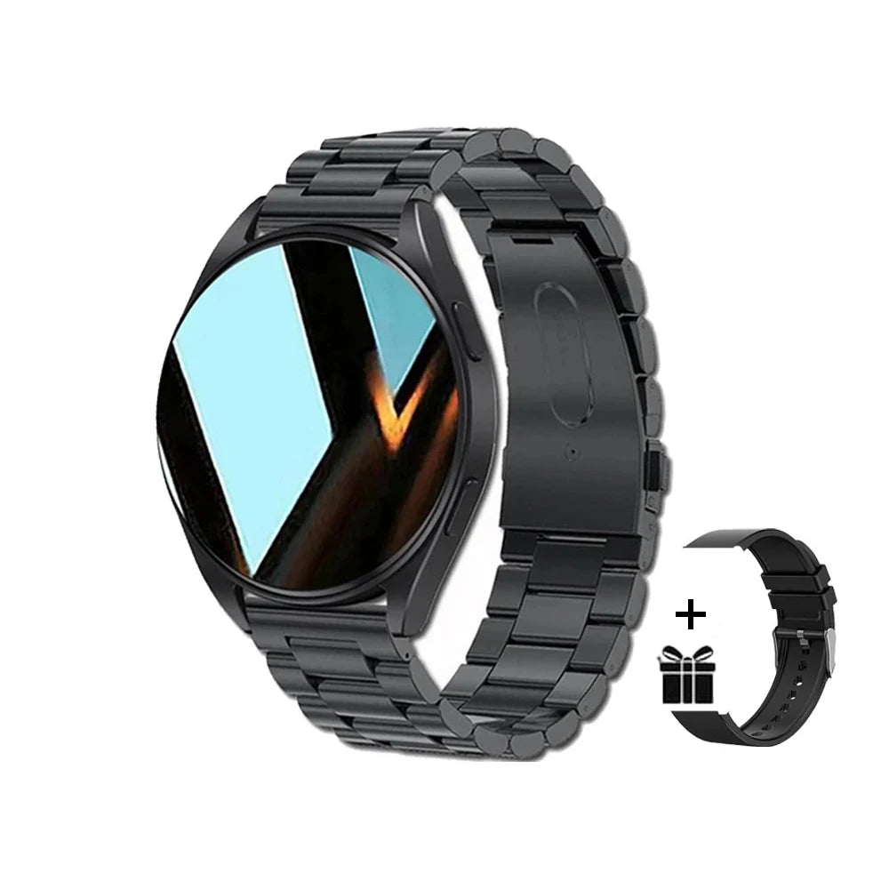 Black smartwatch with metal band on a white background