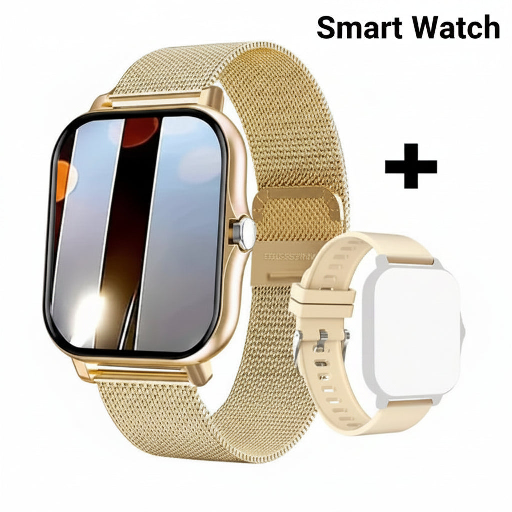 Gold smartwatch with mesh band on a sparkling background
