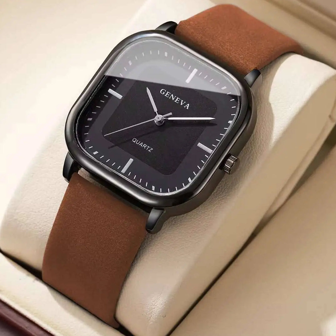 Minimalist Square Quartz Leather Strap Men’s Fashion Wrist Watch