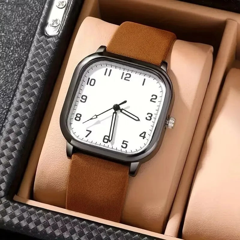 Men’s Square Quartz Leather Strap Watch Fashion Casual Wristwatch