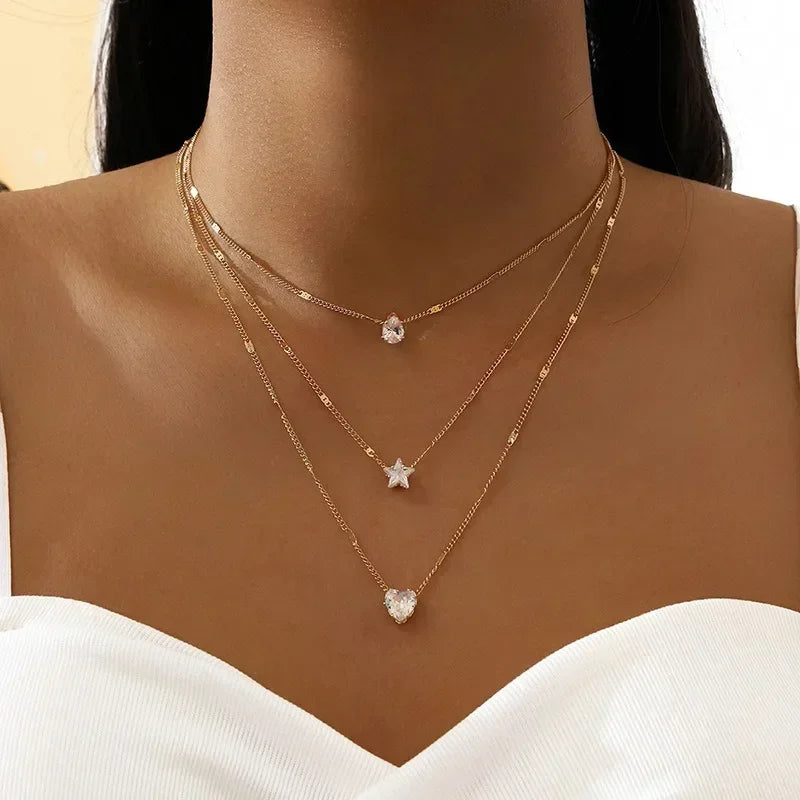 Multilayer Crystal Heart & Star Pendant Necklace