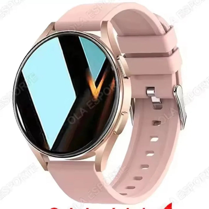 Smartwatch with a pink band on a white background, featuring promotional text about a discount price and fast shipping.