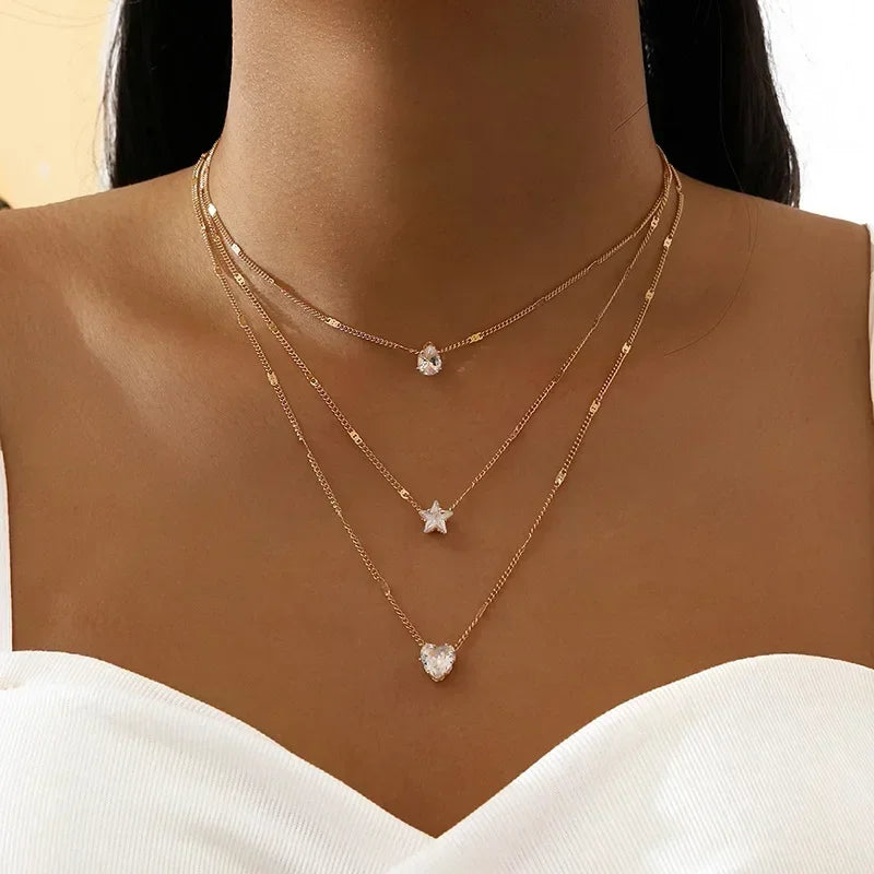 Multilayer Crystal Heart & Star Pendant Necklace
