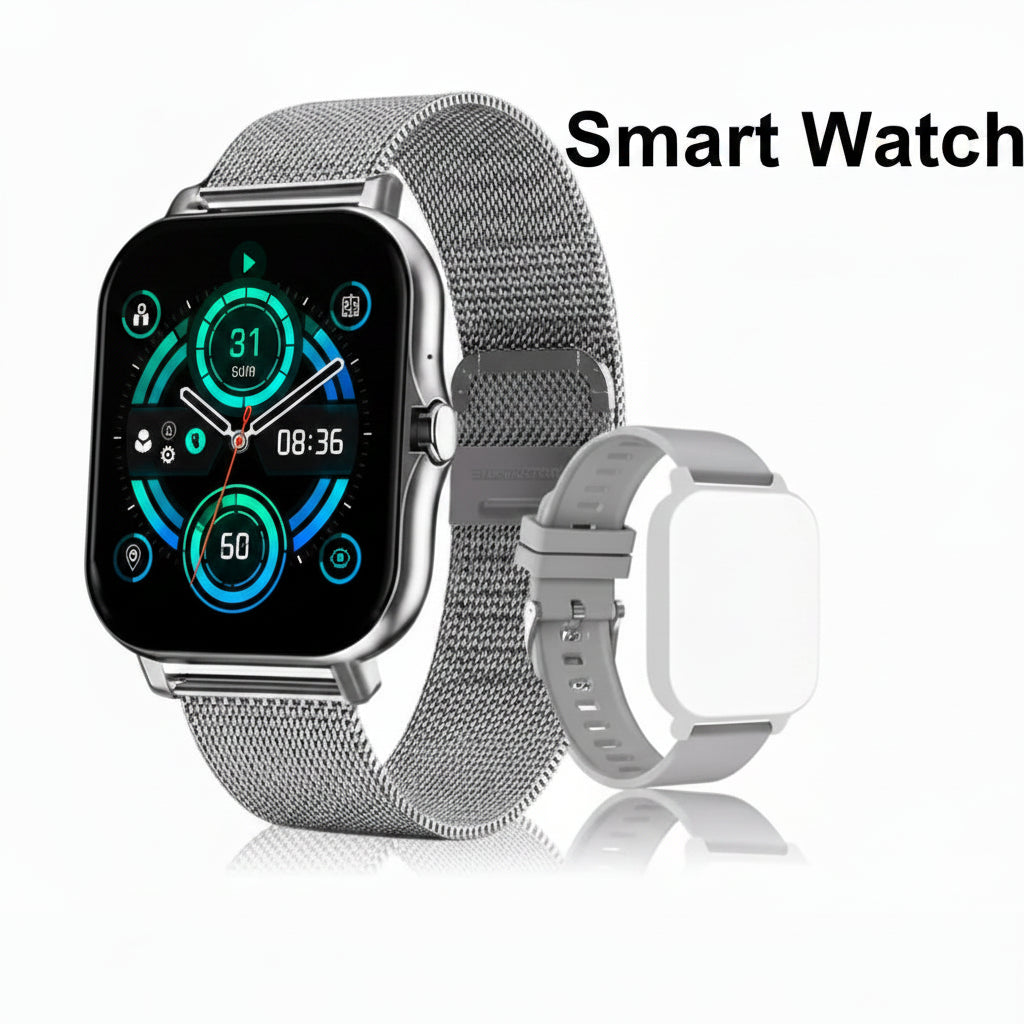 Smartwatch with a metal mesh band on a reflective surface