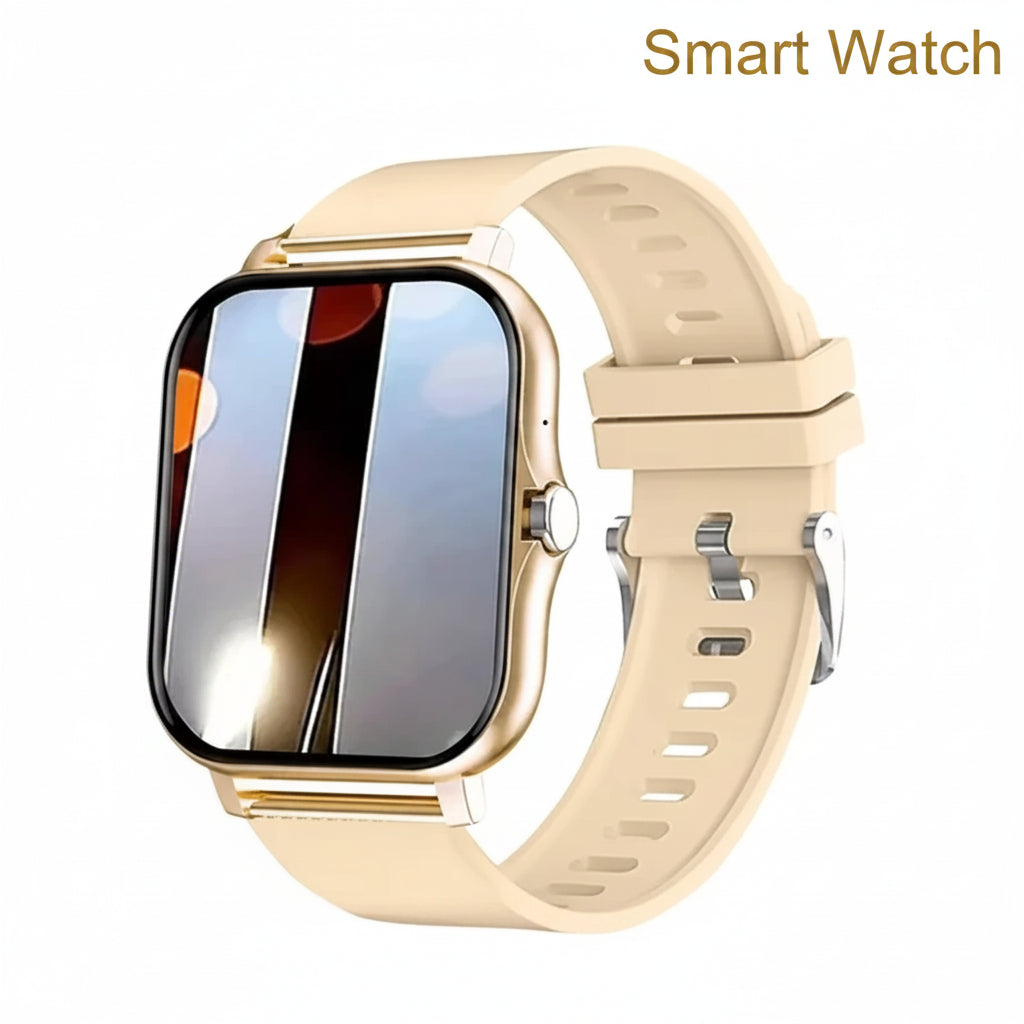 Smartwatch with beige strap on a white background