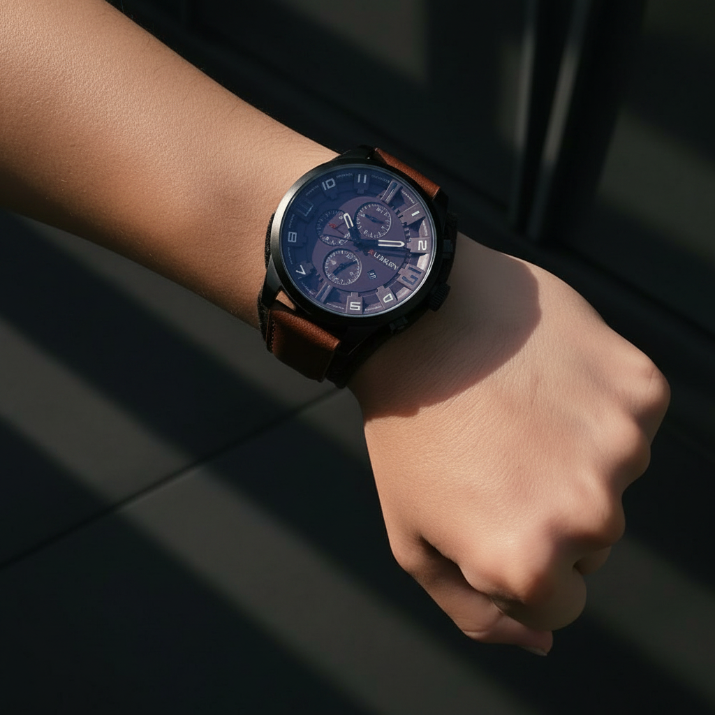 Wrist wearing a watch with a dark face and brown leather strap on a dark background