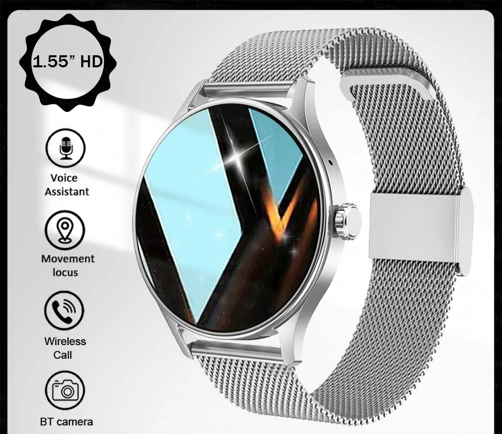 Silver smartwatch with features listed on a white background
