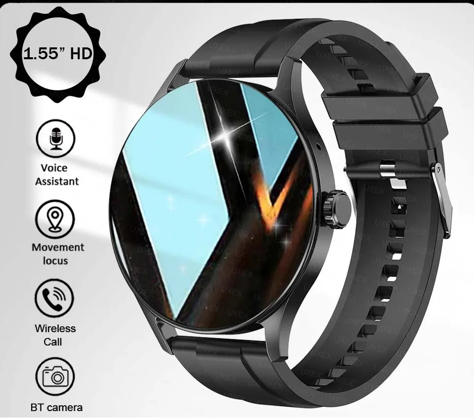 Black smartwatch with features listed on a white background
