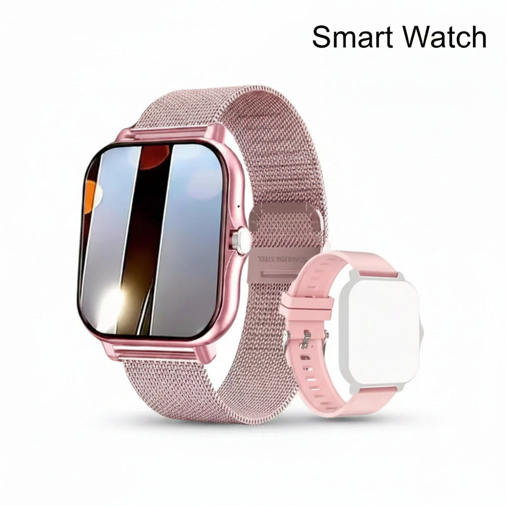 Smartwatch with a rose gold mesh band on a pink background