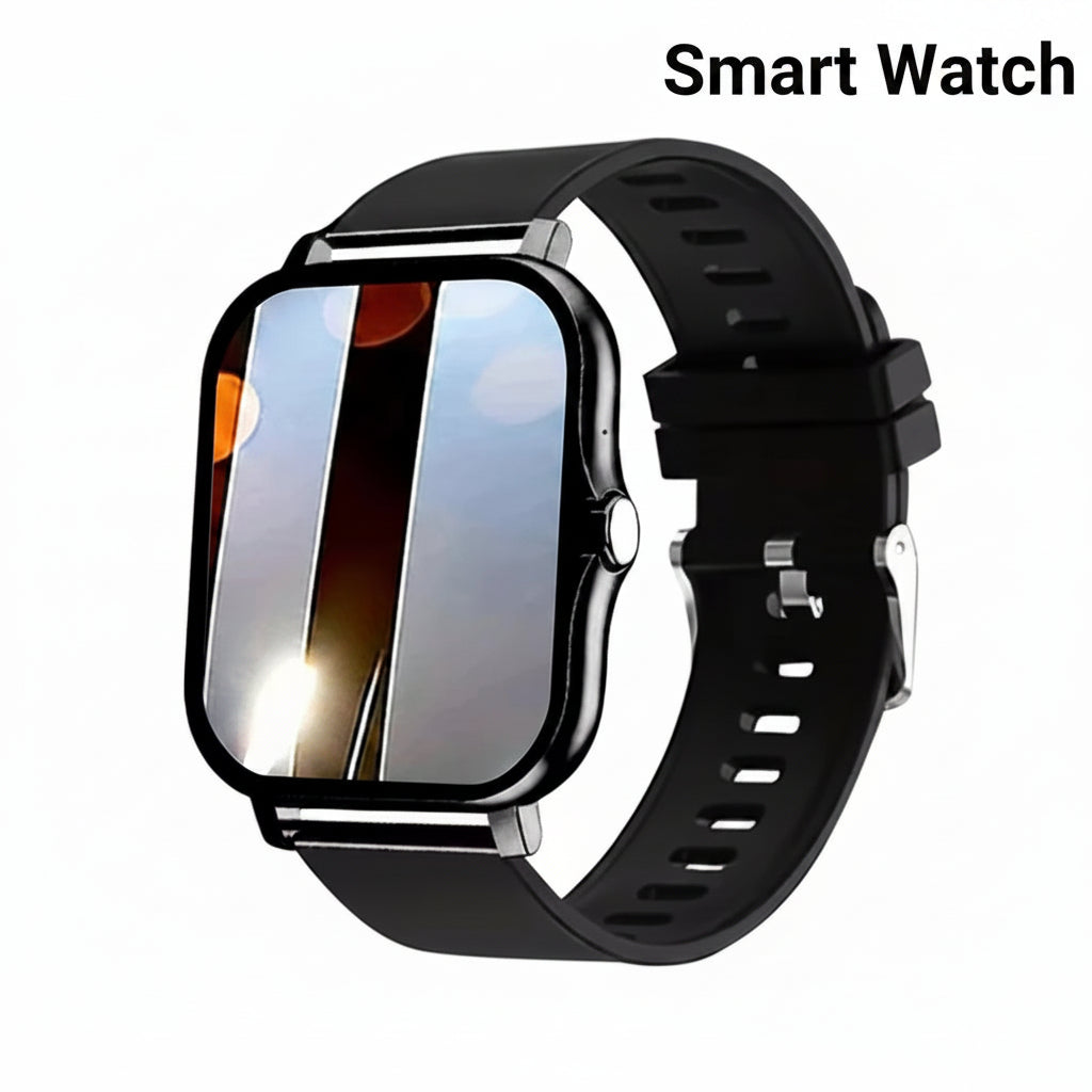 Smartwatch with black band on a white background