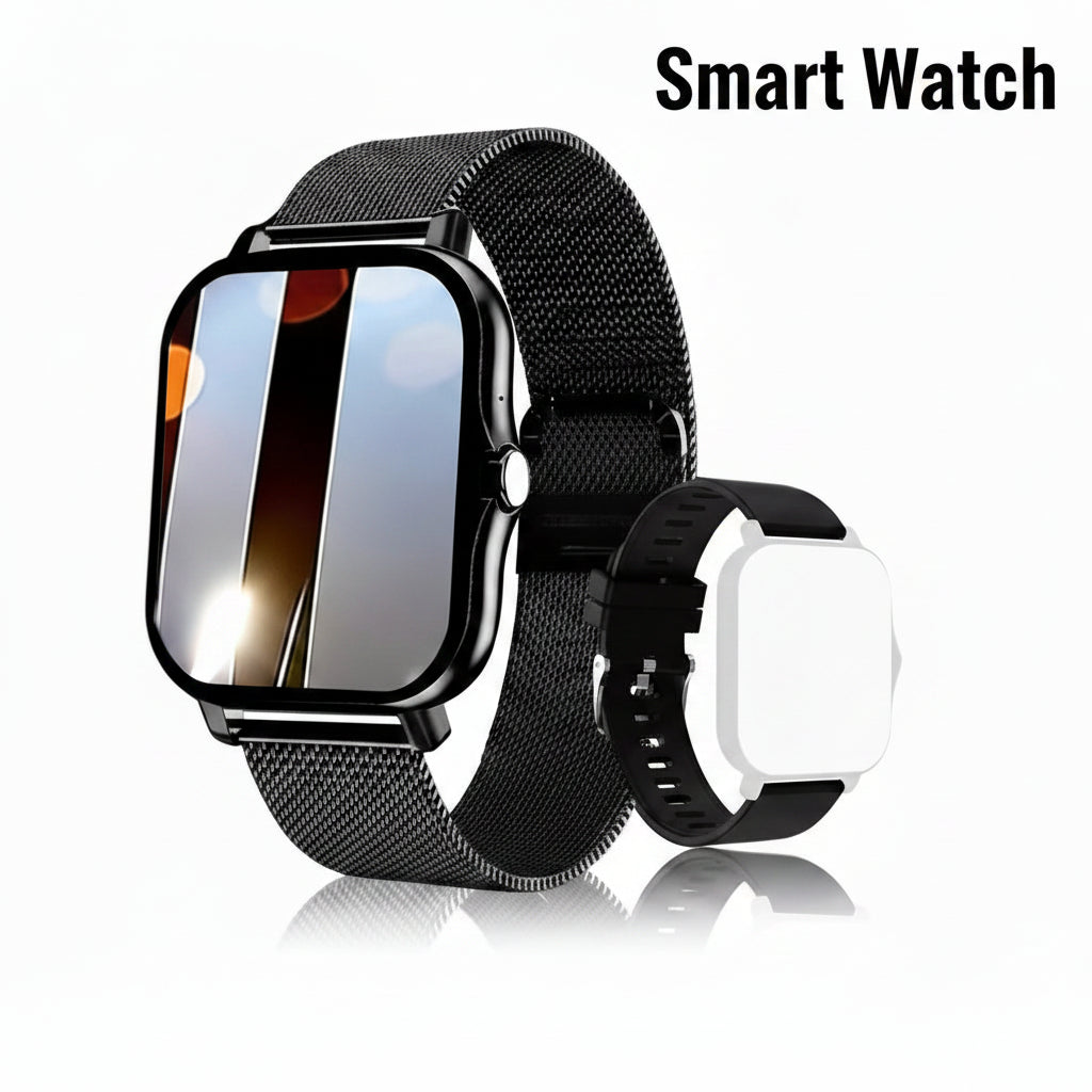 Smartwatch with black metal band on a reflective surface