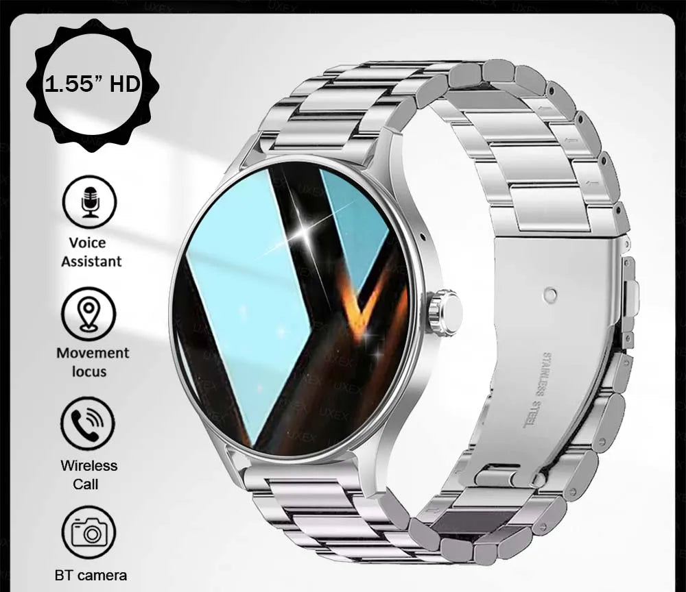 Smartwatch with metal band on a white background, featuring icons and text about its features.