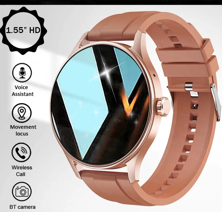 Smartwatch with rose gold band on a white background, featuring screen size, features, and branding.