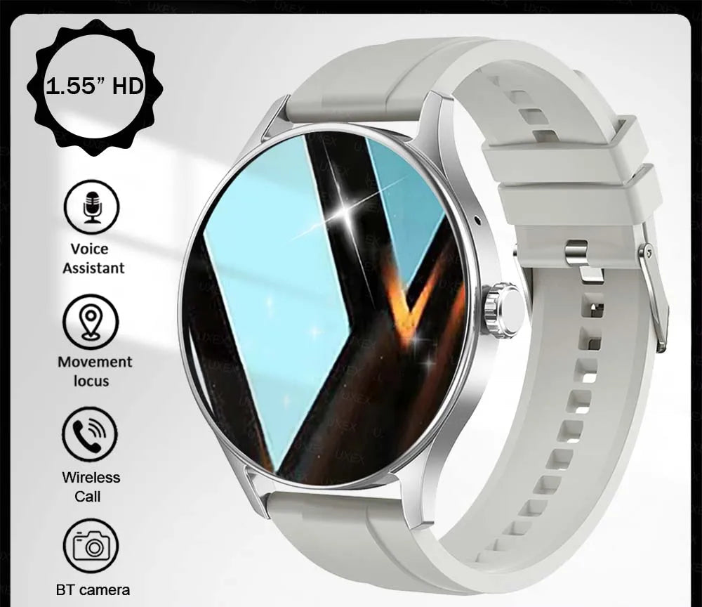 Smartwatch with white band and reflective screen on a white background
