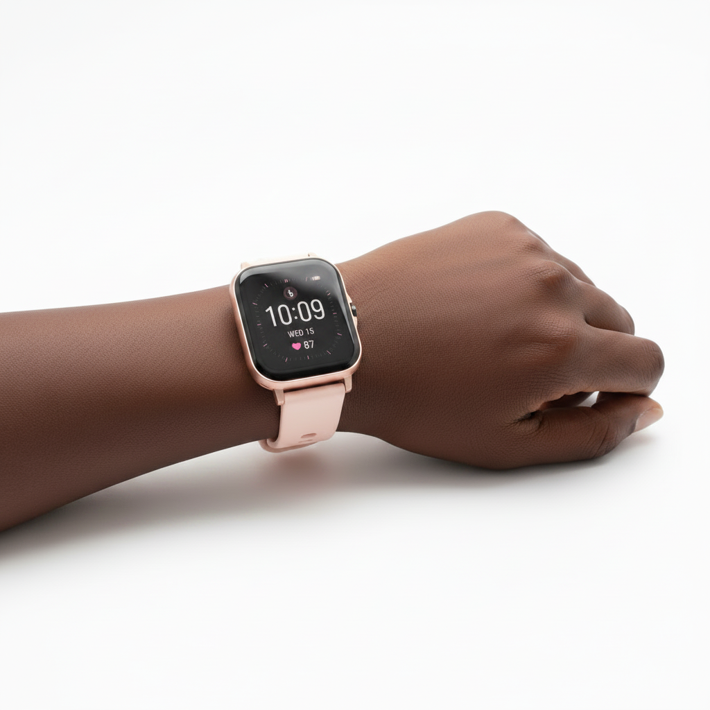 Smartwatch on a wrist with a floral-patterned fabric background